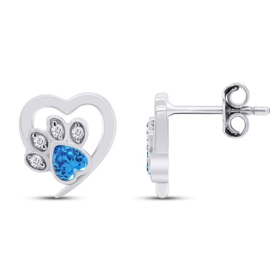 AFFY Heart Shape Simulated Blue Topaz & Round Cut White Cubic Zirconia Cat Puppy Paw Print Pet Animal Heart Small Stud Earrings Jewelry Gift for Women in 14k White Gold Plated 925 Sterling Silver