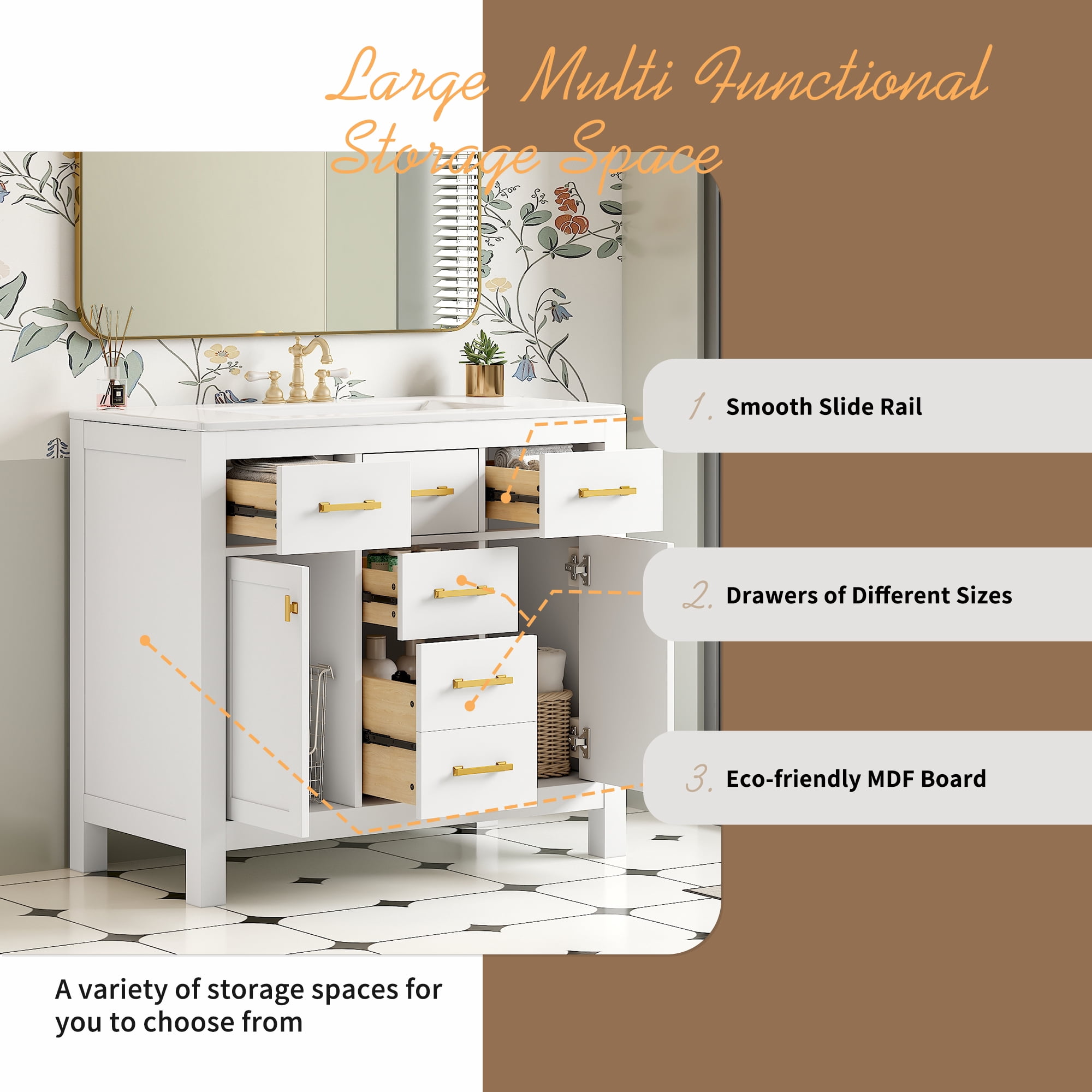 Euroco 36-Inch Solid Wood Bathroom Vanity with Ceramic Sink and Storage Cabinets