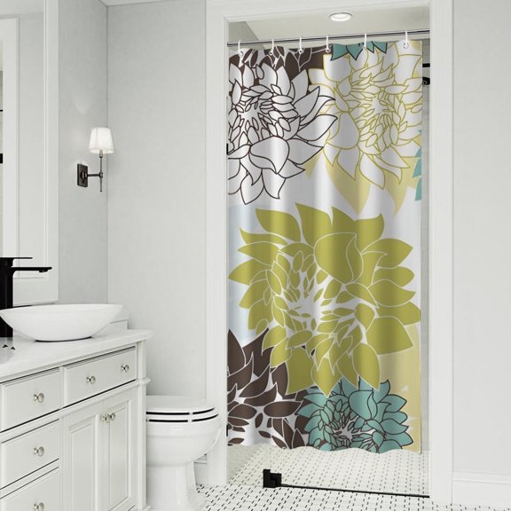 Green and Blue Pioneer Flower Pattern Shower Curtain 36"x72" ,Bathroom Decorative Shower Curtains Set with 12 Hooks,Modern Waterproof Washable Shower Curtain