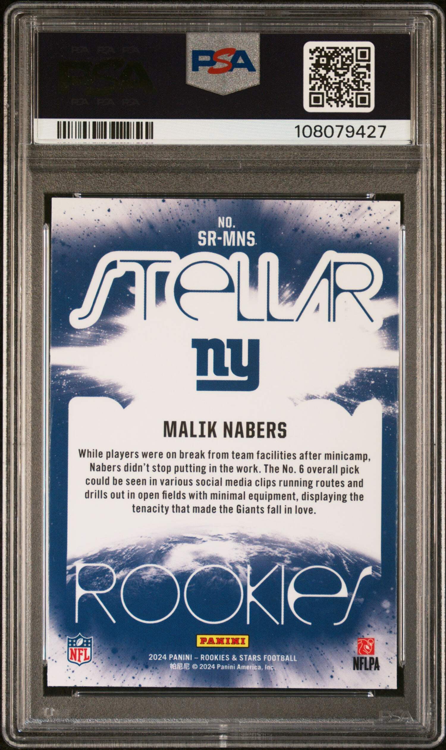 Graded 2024 Panini Rookies  Stars Malik Nabers #SRMNS Stellar Rookies Rookie RC Football Card PSA 10 Gem Mint