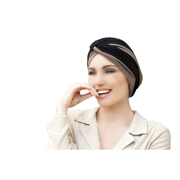 MASUMI Women Cotton Cap for Hairloss, Chemo Headwear for Women, Cancer Headwear for Ladies with Alopecia Hairloss Chemotherapy Turban Hat Amelia (Black and Taupe)