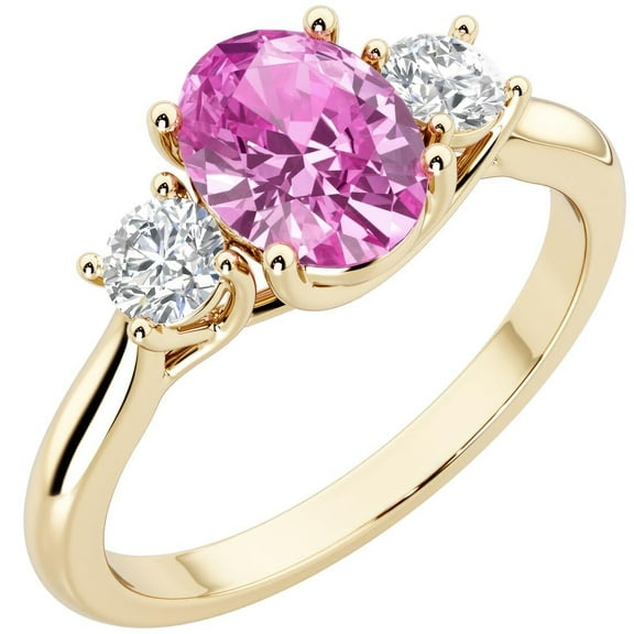 PEORA 14K Yellow Gold Oval Created Pink Sapphire and Lab Grown Diamond 3 Stone Trellis Ring, 2.10 Carats total, Size 7