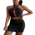 thumbnail image 1 of PENGXIANG Women Halter Dress  Solid Color Hollow-Out Sleeveless Backless Tie-Up Pleated Mini Bodycon Dress, 1 of 5