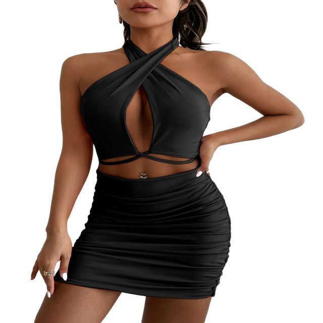 PENGXIANG Women Halter Dress Solid Color Hollow-Out Sleeveless Backless Tie-Up Pleated Mini Bodycon Dress