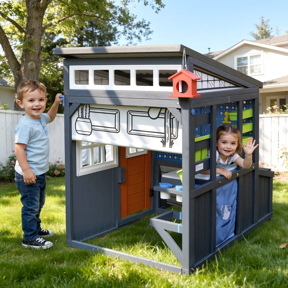 Outdoor Playhouse for Kids, Wodden Playhouse w/ Workbench, Tools & Storage Accessories, STEM Educational Outdoor Toys Gift for Boys Girls Ages 3-8