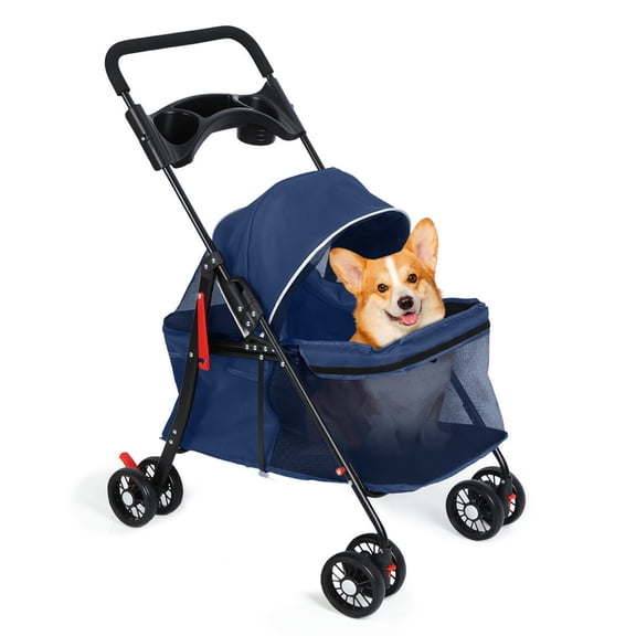 Jnismy Foldable Dog Strollers for Small Dogs,4 Wheels Pet Strolling Cart for Dogs and Cats with Cup Holder, Breathable and Visible Mesh (Blue)