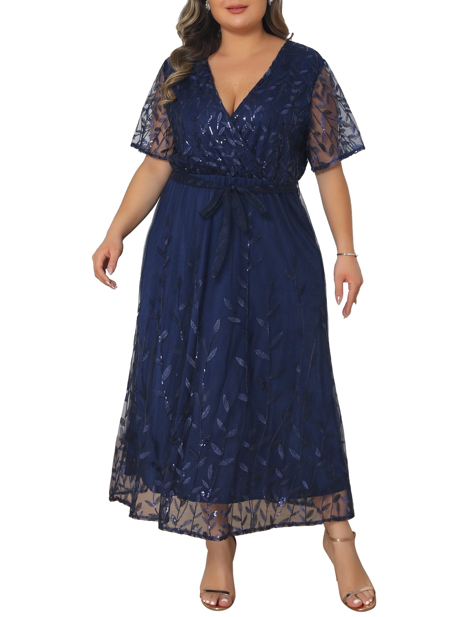 DARING DIVA Women's Plus Wedding Guest Dress Sequin Wrap V Neck Midi 2X Navy Blue