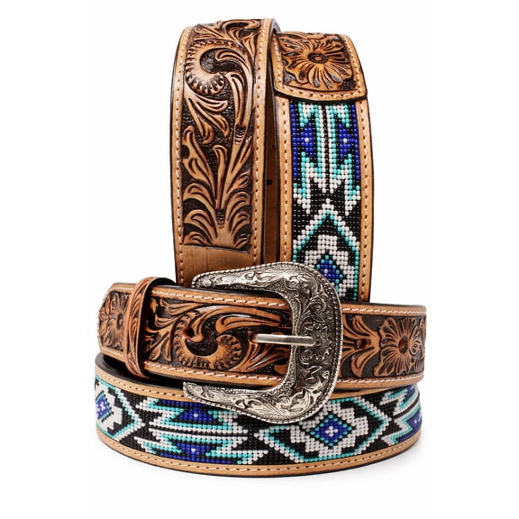 32  Western Antique Floral Tooled Beaded Full-Grain Leather Belt 26FK61