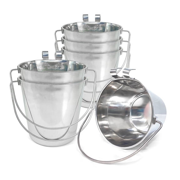 PetYupp Heavy Duty Stainless Steel Flat Side Bucket with Dual Hooks – 4 Quart, 6 Count