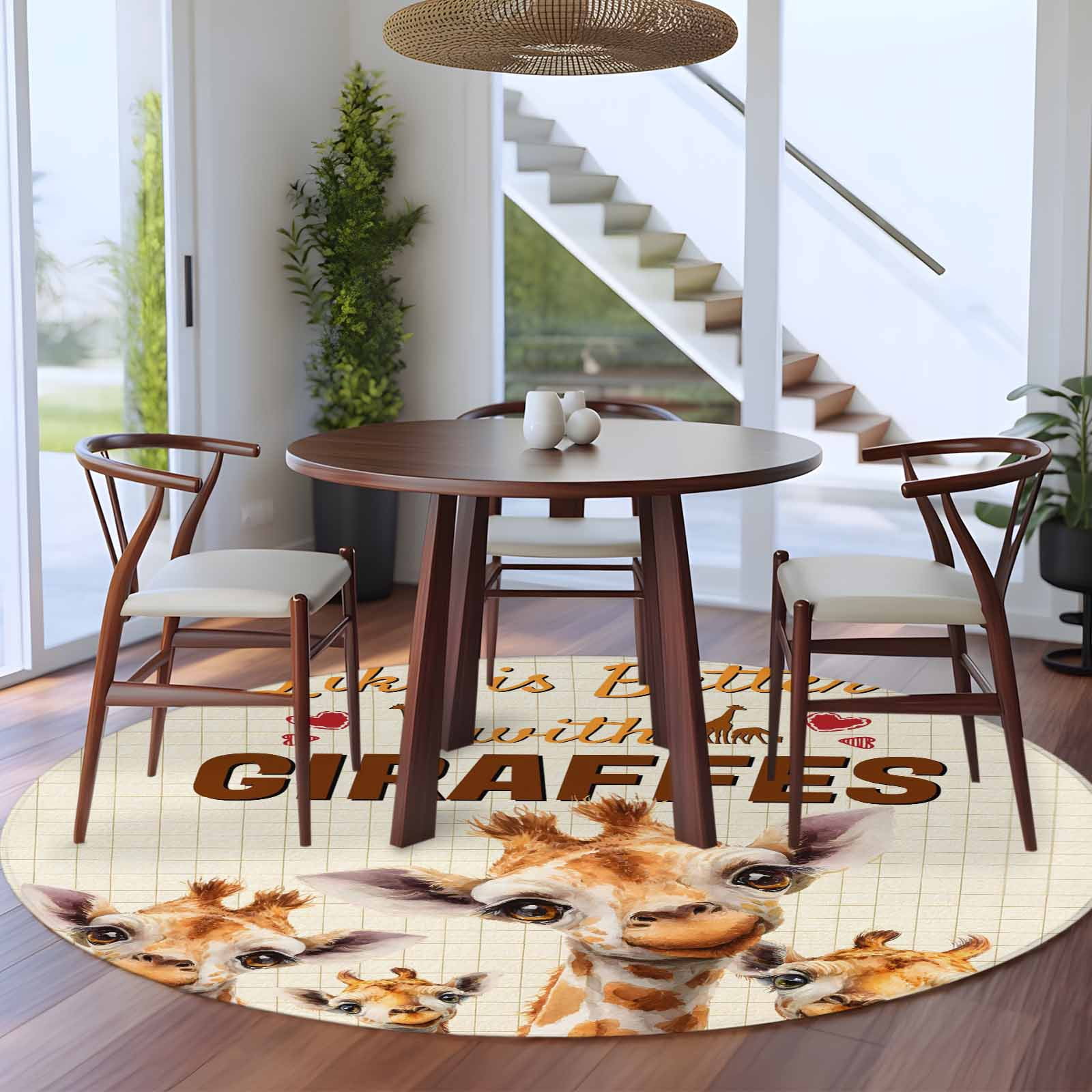Giraffe Round Area Rug 5Ft Washable Circle Rugs for Living Room Bedroom, Red Love Heart Animals Plaid Non-Slip Carpet Floor Mats Indoor Outdoor Carpet Runner Aesthetic Home Decor