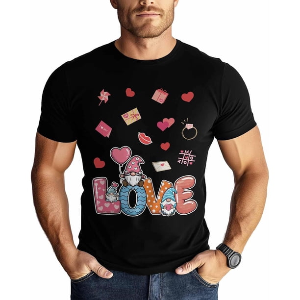 T-Shirts for Men, Romantic Heart Dwarf Crew Neck Cotton T-Shirt Men's Short Sleeve Valentine's Day Love Hearts Lip Letter