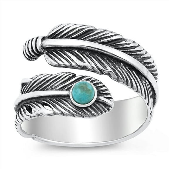 Round Simulated Turquoise Curvy Feather Ring Sterling Silver Size 7