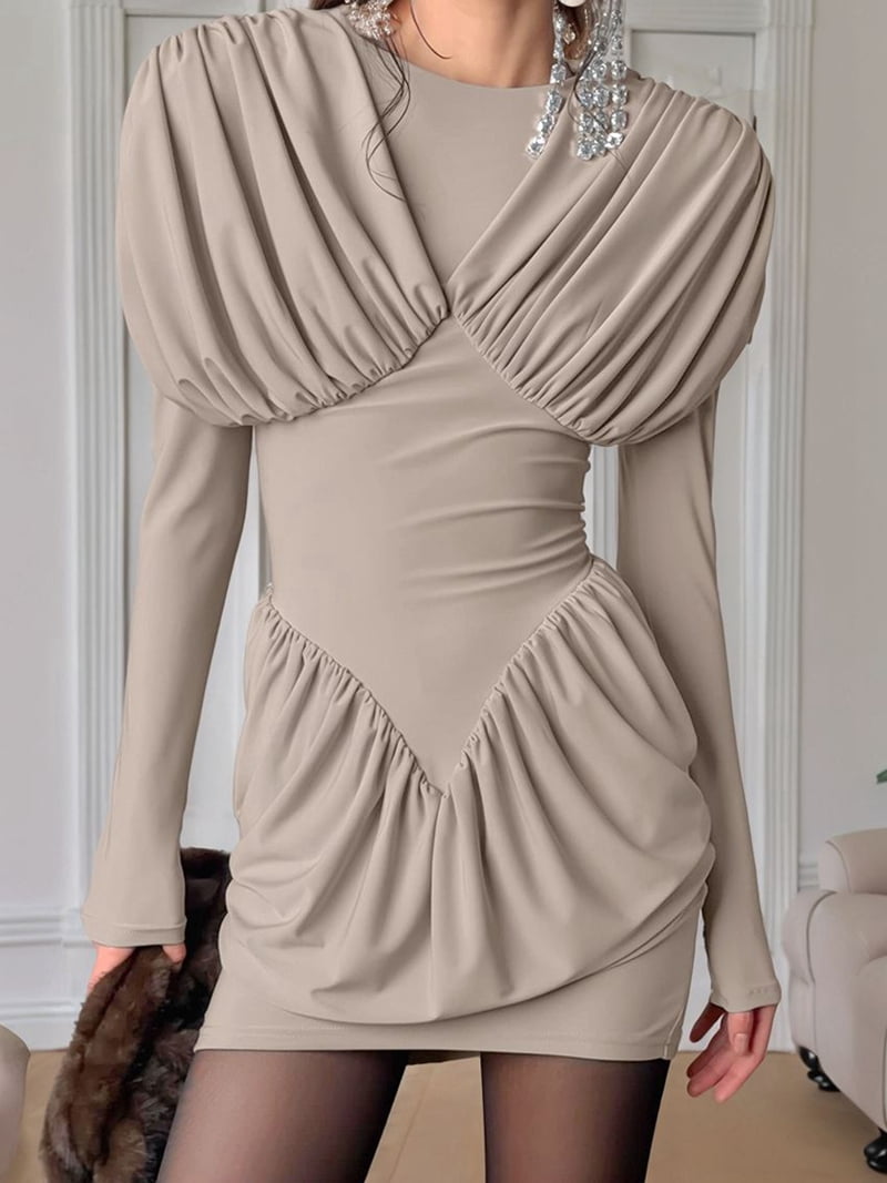 Women'S Draped Front V Neck Long Sleeve Bodycon Mini Dress for Date Night Khaki M