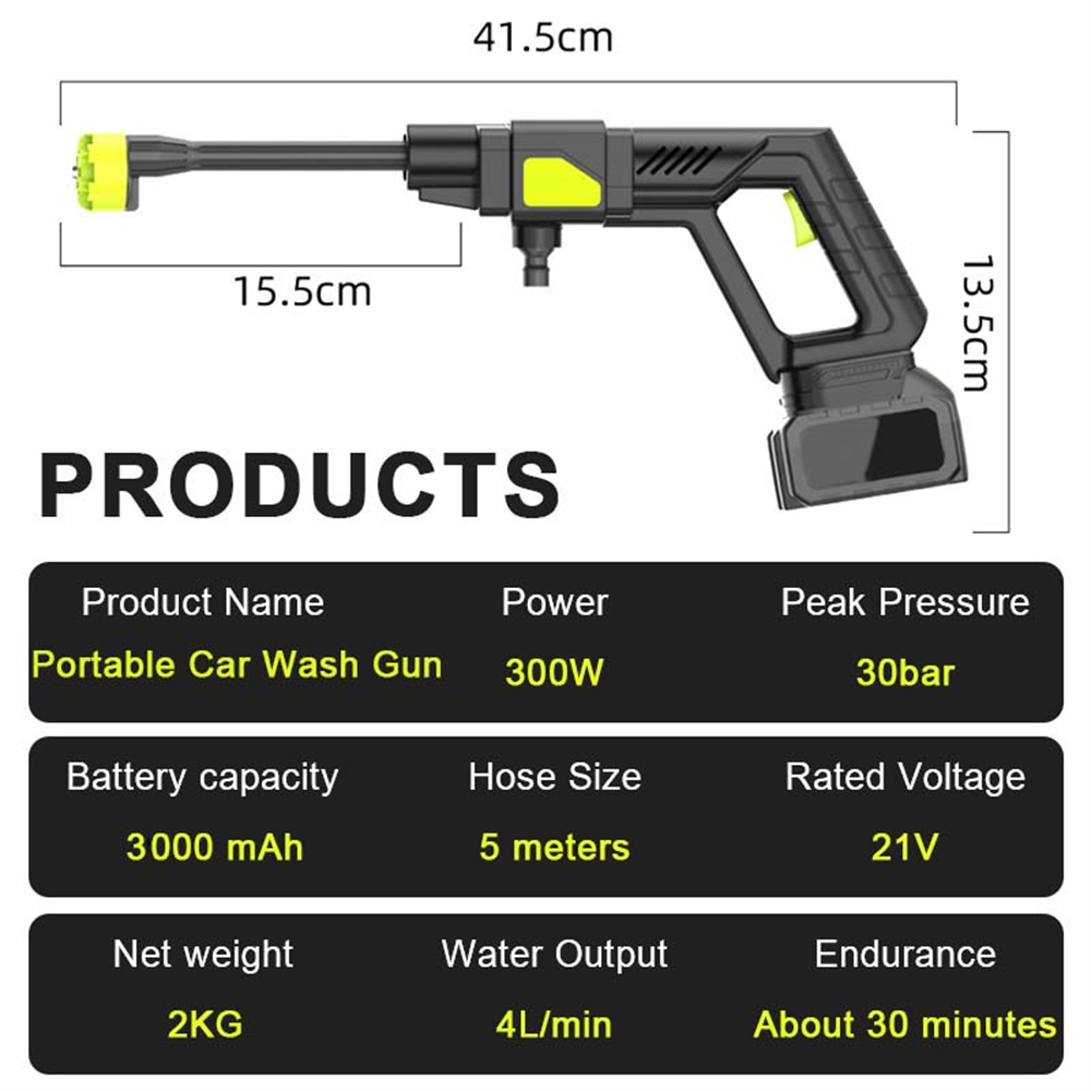 Jercoda Wireless High Pressure Car Wash, 30 Bar Washer with 6 IN 1 Nozzle and 5M Water Pipe, Portable Washer Machine with 3000mAh Battery, Green
