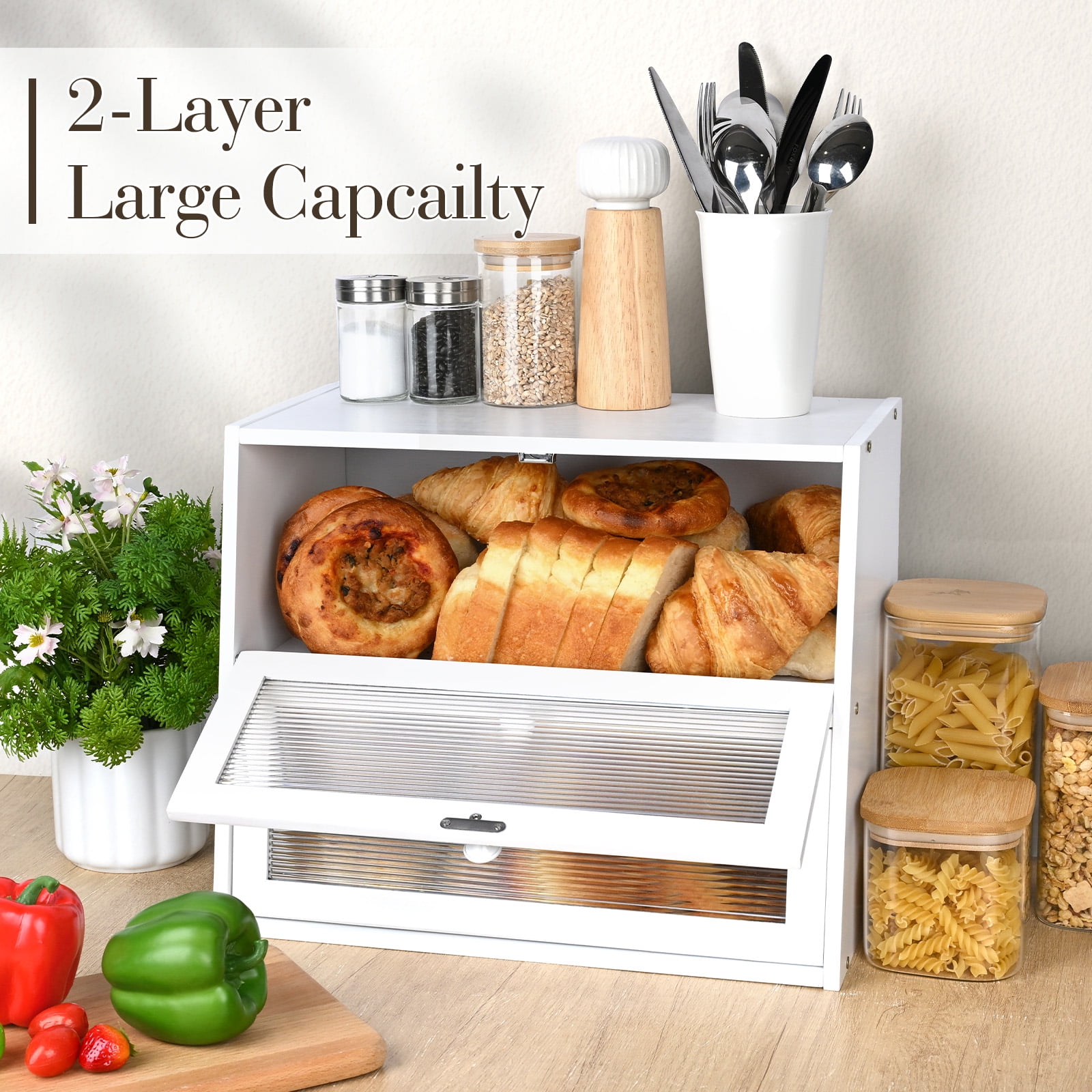 Bamboo Bread Box for Kitchen Countertop, Double Layer Bread Container, Bread Storage with Acrylic Wavy Door Panel, White