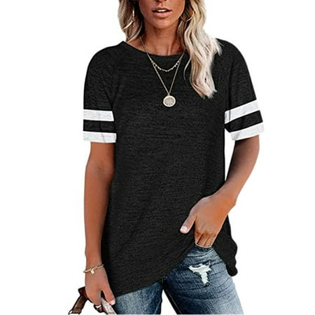 Women's Patchwork Round Neck Casual T-shirt Short Sleeve Loose Tunics ...