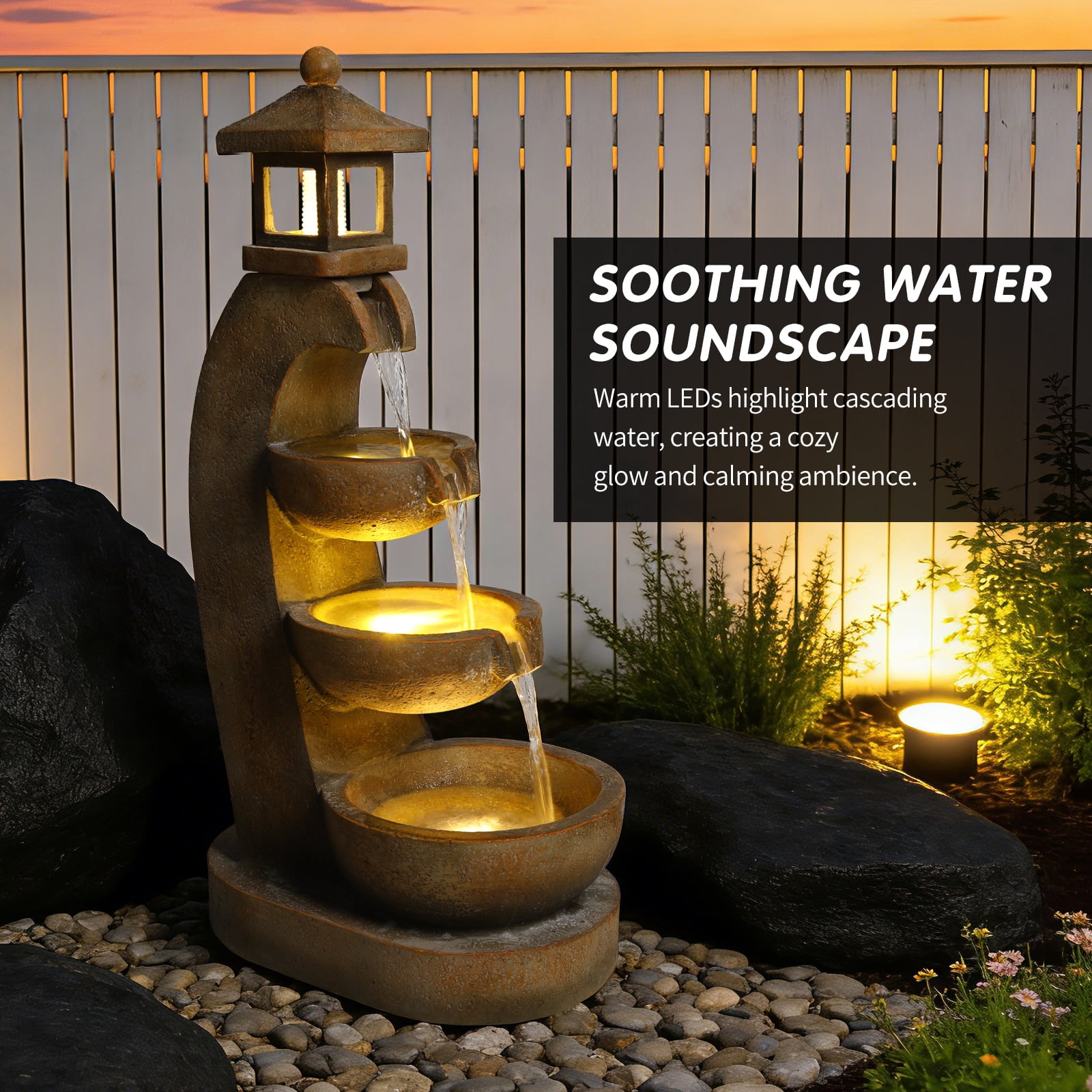 Mintazer 35.4" Pagoda Lantern Cascading Waterfall Fountain with LED Lights, Outdoor Garden Fountain for Patio Porch Backyard Landscape