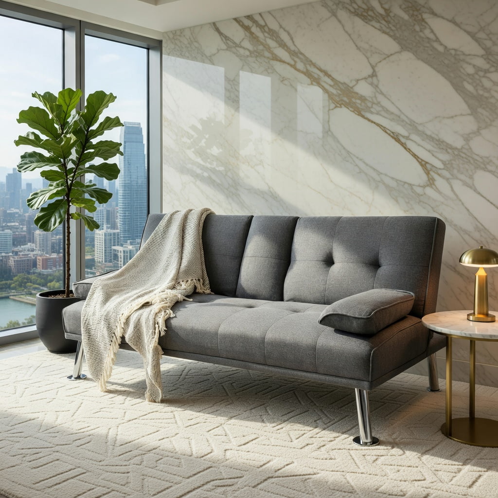 Demi Bonn Fold Sofa Bed Couch, Futon Sleeper Chair Guest Bed and Fold Out Couch, Convertible Folding Futon Sofa Bed Fabric with 2 Cup Holders, for Living Room, Bedroom, Dark Gray