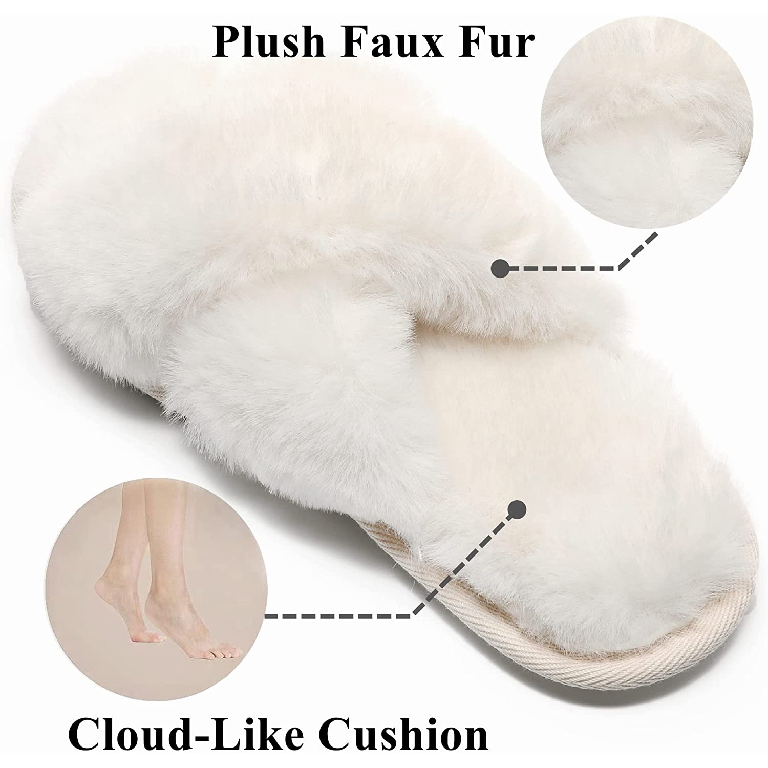 Women's Cross Band Slippers Soft Plush Furry Cozy Open Toe House Shoes Indoor Outdoor Faux Rabbit Fur Warm Comfy Slip On Breathable - image 4 of 7