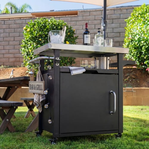 Outdoor Grill Cart with Storage Cabinet, 39.5" BBQ Prep Station with Stainless Steel Top, Pizza Oven Table with Wheels, Outdoor Bar Cart with Spice Rack, Waterproof Cover Included, Black