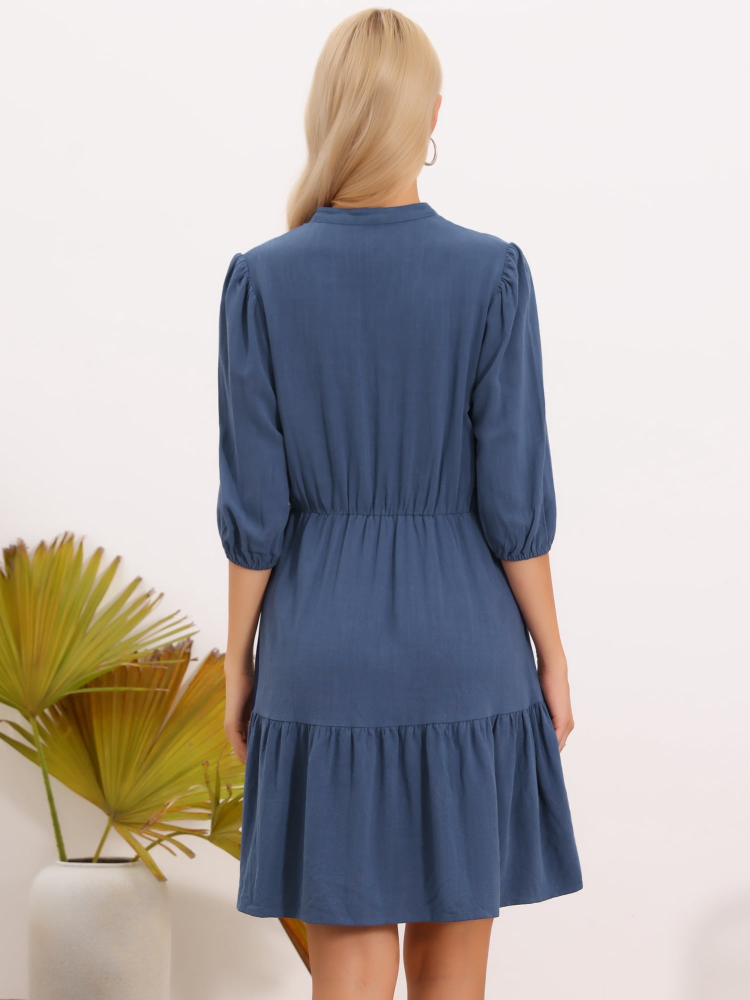 DARING DIVA Women's Tiered Dress A Line V Neck Flowy Ruffle Linen Dresses L Navy Blue