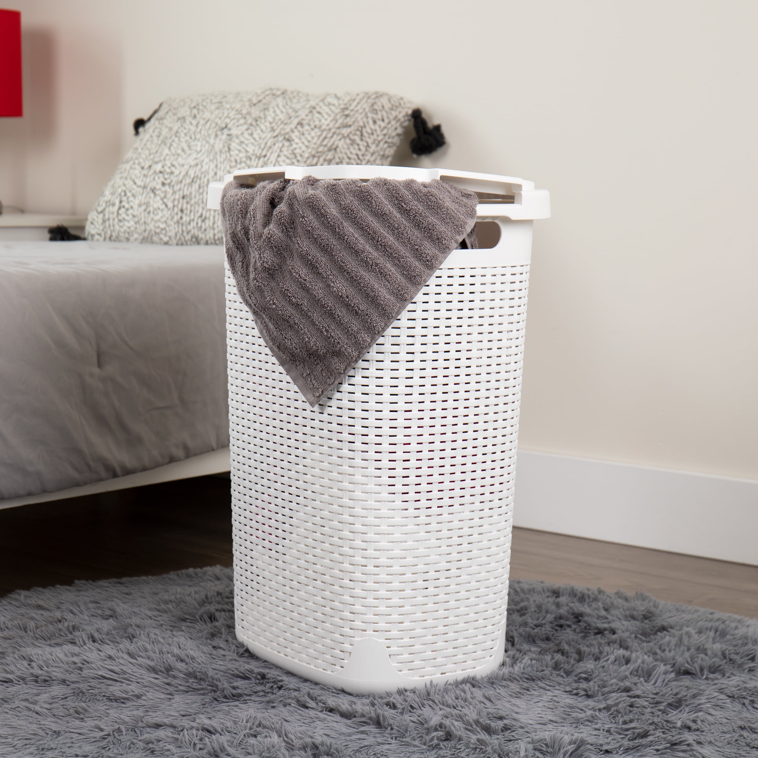 Mind Reader 60L Slim Laundry Hamper, Clothes Basket, Lid, Wicker Style, Plastic, 17.65"L x 13.75"W x 24.15"H, Set of 2, White
