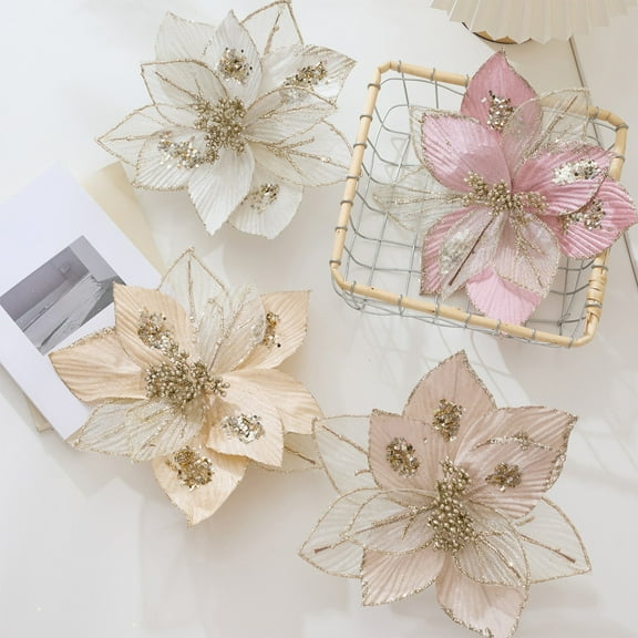 Wzzjkit Christmas Poinsettia Glitter Faux Flowers Christmas Artificial Flowers Tree Ornaments Topper Xmas Decorations