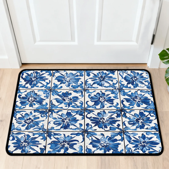 CURLYOOT Mexican Indoor Doormat, Non-Slip Absorbent Door Mat 24" x 16", Blue Floral Entrance Floor Mat Washable Entry Doormats for Entryway Front Back Door