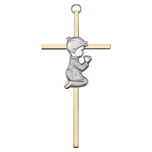 6 inch Antique Silver Praying Boy on a Polished Brass Cross