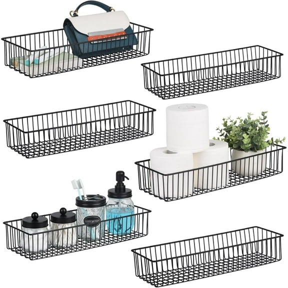Wetheny Farmhouse Décor Metal Wire Organizer Storage Basket Bin(6 Pack)-Toilet Paper Storage-Organization and Storage for Bedroom, Bathroom, Kitchen Cabinets, Pantry, Laundry Room, Garage (Black)