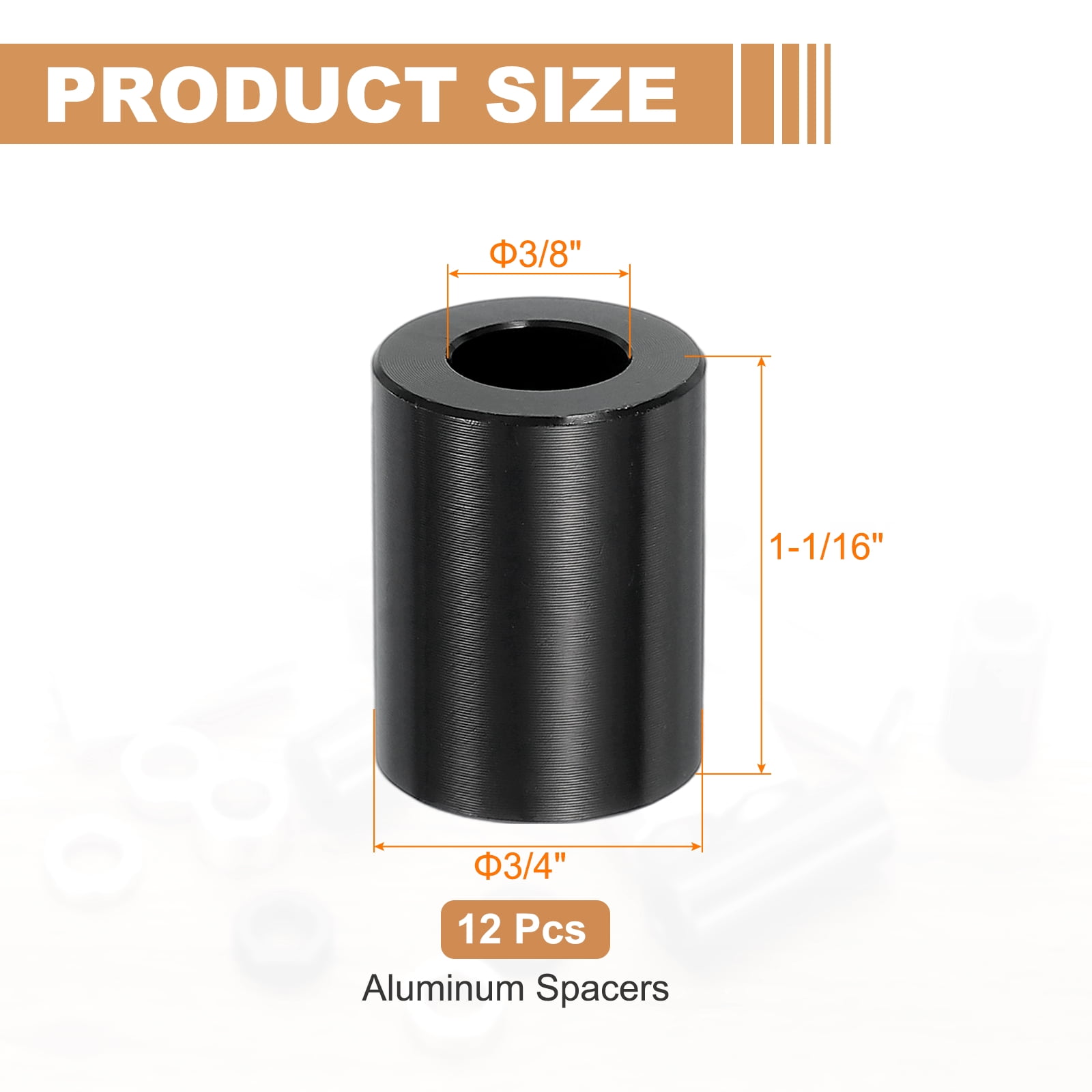 12PCS Aluminum Spacers, 3/8" x 3/4" Metal Spacers Aluminum 1-1/16" L Spacer Screw Standoff Round Unthreaded Standoff Bushing for 3/8inch Screw Bolts, Black