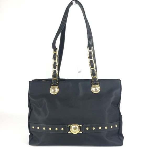 Pre-Owned Versace Logo Sunburst Tote Bag with Chain Shoulder in Nylon/Leather,... (Fair)