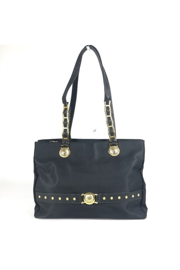 Pre-Owned Versace Logo Sunburst Tote Bag with Chain Shoulder in Nylon/Leather, Unisex, Black