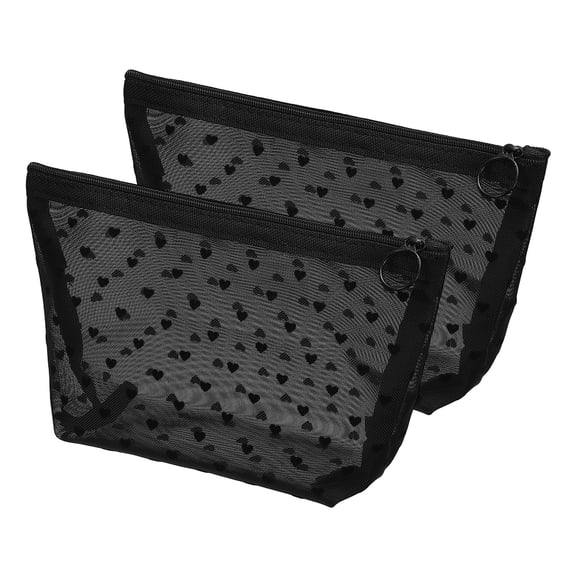 Uxcell 2Pcs Cute Mini Makeup Bag, Mesh Cosmetic Bag for Women Small Purse Heart Printed Organizer Pouches with Zipper Portable Travel Toiletry Pouch, Triangle Black