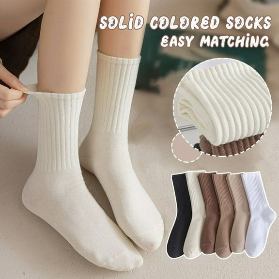 Sweet Slouch Socks for Women, 6 Pairs Mid-calf Knit Loose Casual Hosiery, Soft Cotton Blend Crew Socks, White, One Size