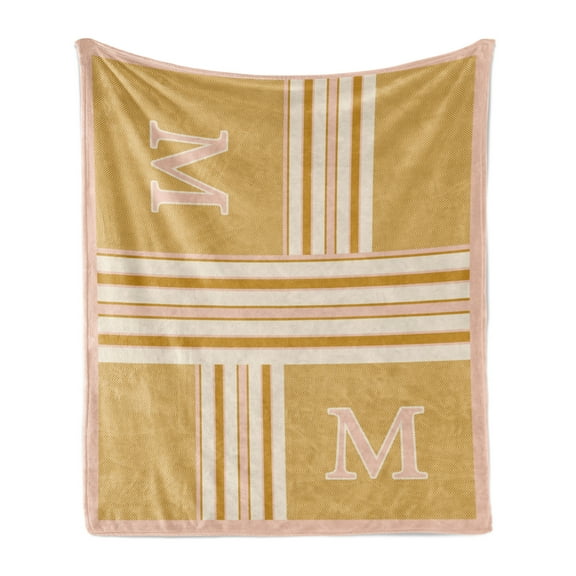 Letter M Soft Flannel Fleece Throw Blanket, Horizontal and Vertical Stripes with Gradient Color Zigzags Chevrons Art, Cozy Plush for Indoor and Outdoor Use, 50" x 60", Dark Yellow Eggshell, Ambesonne
