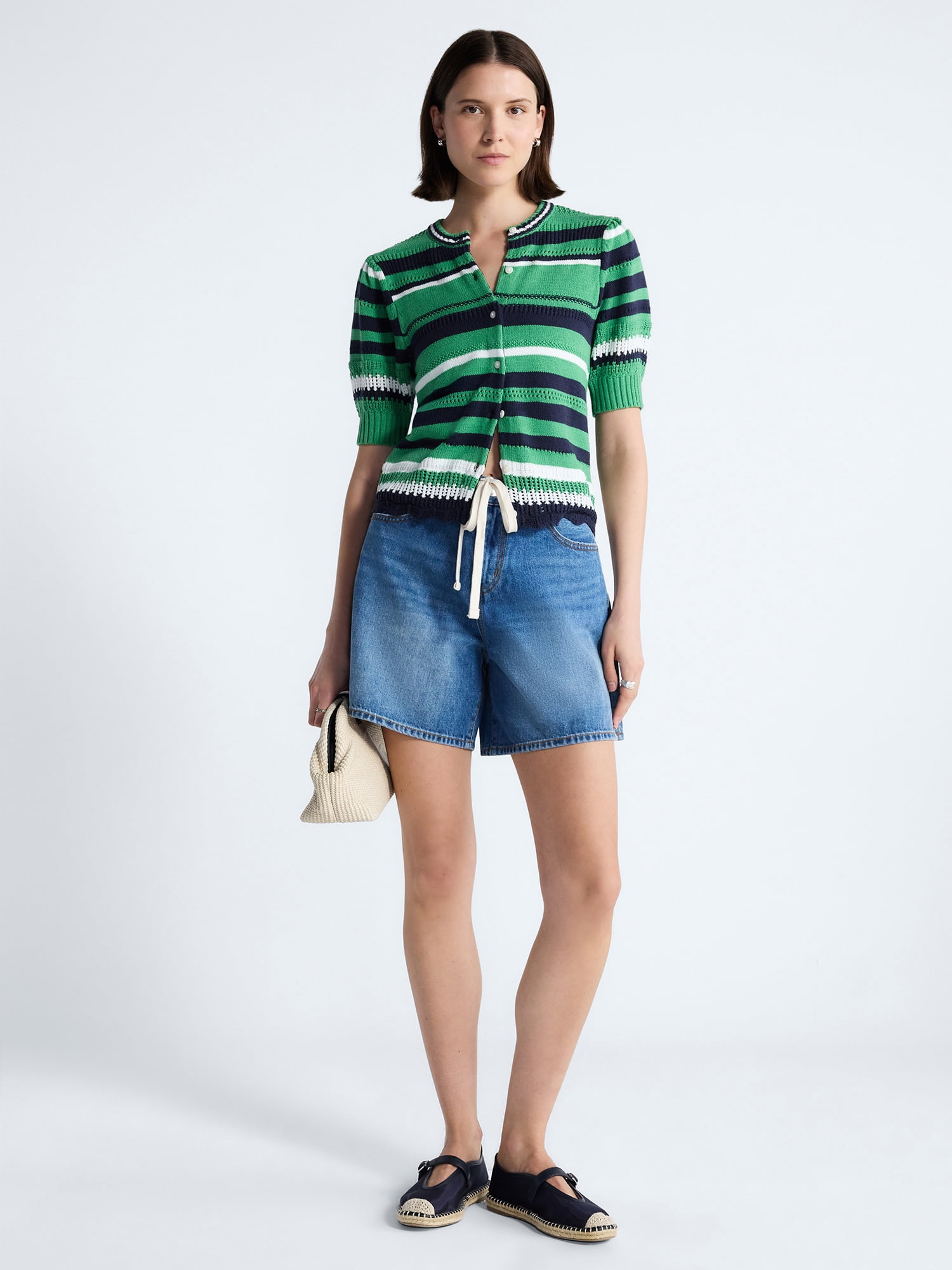 Free Assembly Women's Textured Stripe Cardigan Sweater with Short Puff Sleeves, Lightweight, Sizes XS-XXL