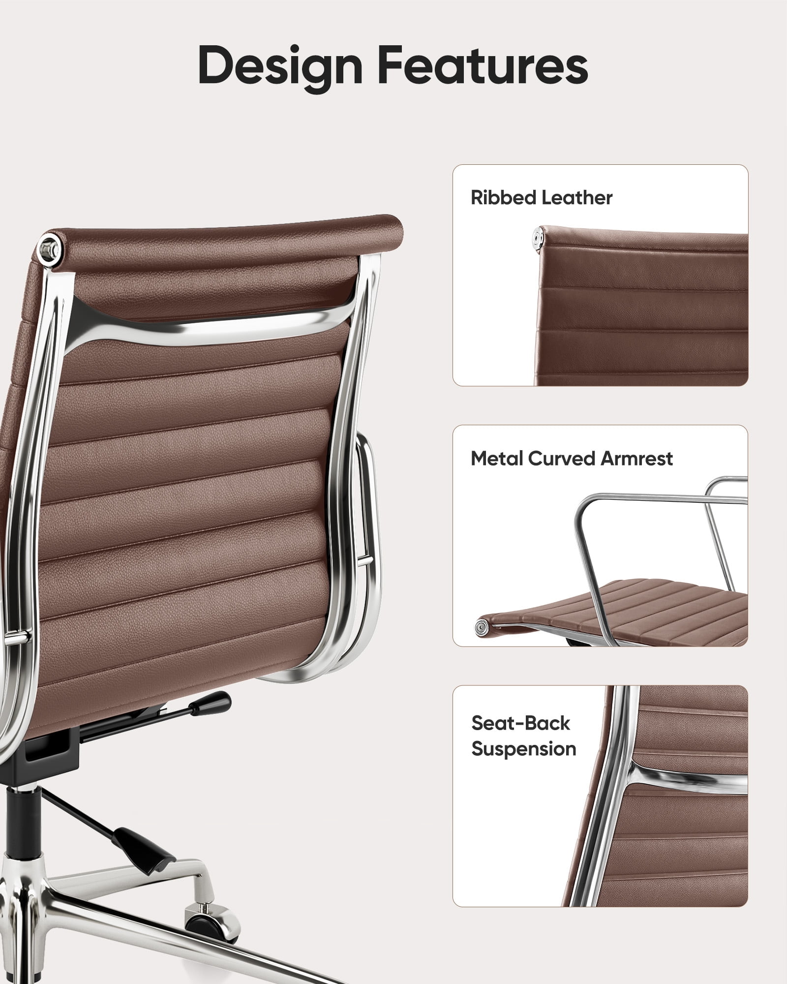 Mid-Back Ribbed Office Chair Adjustable Leather Computer Chair Ergonomic Lumbar Support,Swivel Desk Chair,Brown,1pc