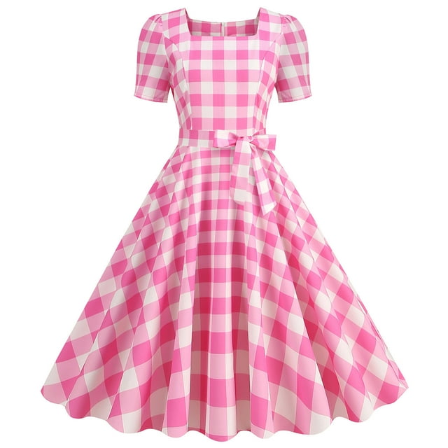 Fankiway Femmes de la Mode Tribunal Contraste Col Haut Plaid Grande Robe Femmes Plage Sundresses Grande Taille Femmes Robes de Plage Robes pour Femmes
