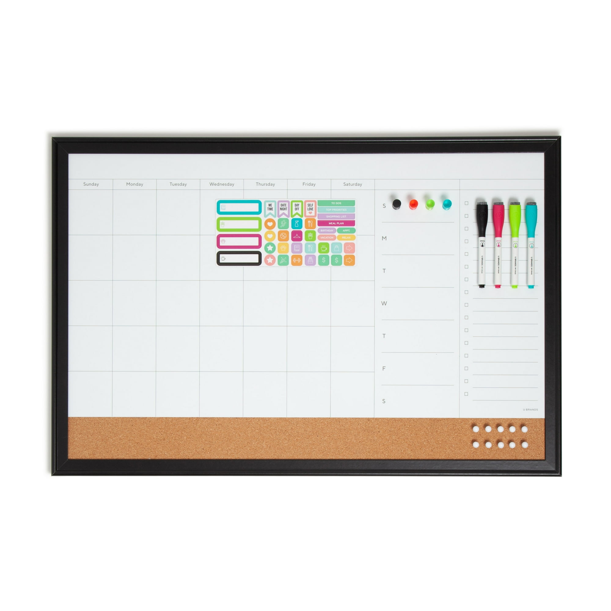 U Brands 30 x 20 in Magnetic Dry Erase Calendar Planner Board, Black Wood Style Frame