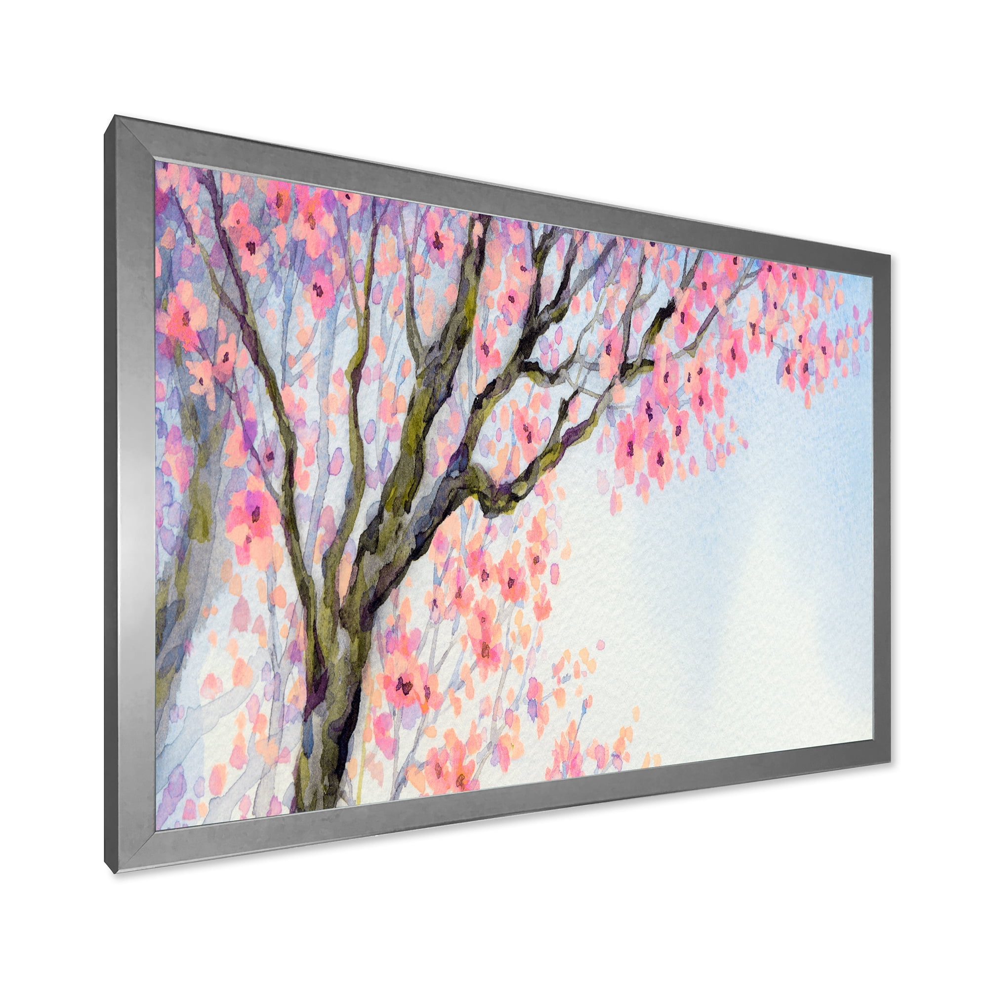 Beautiful Pink Bird Sitting On Flowering Branch 20 in x 12 in Framed Painting Canvas Art Print, by Designart