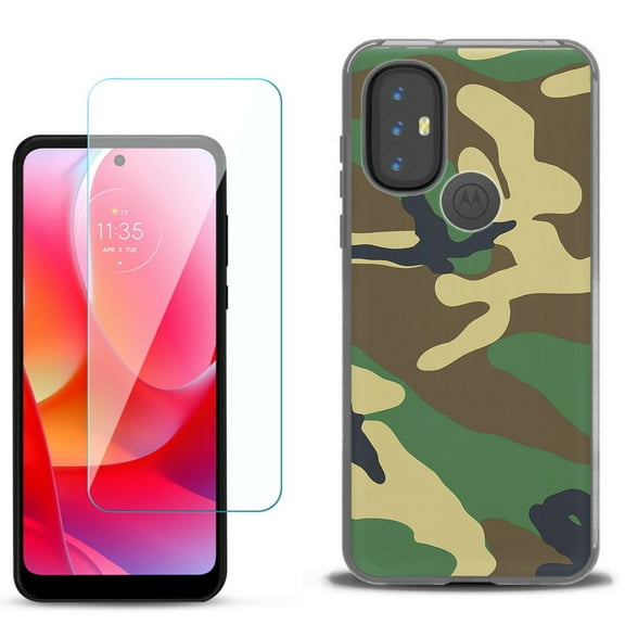 Slim-Fit Gel TPU Phone Case for Motorola Moto G Power 2022, with Tempered Glass Screen Protector, by OneToughShield ® - Camo Green