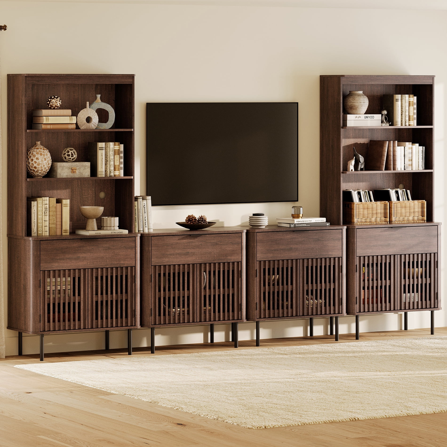 126" W Media Center with Bookcases – TV Stand for TVs Up to 75",Walnut