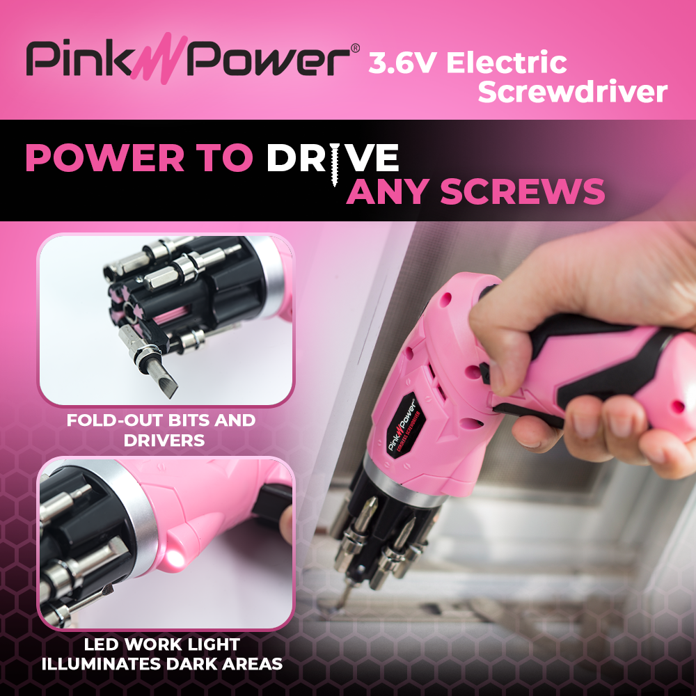 Pink Power Small 3.6V Rechargeable Cordless Electric Screwdriver Set ...