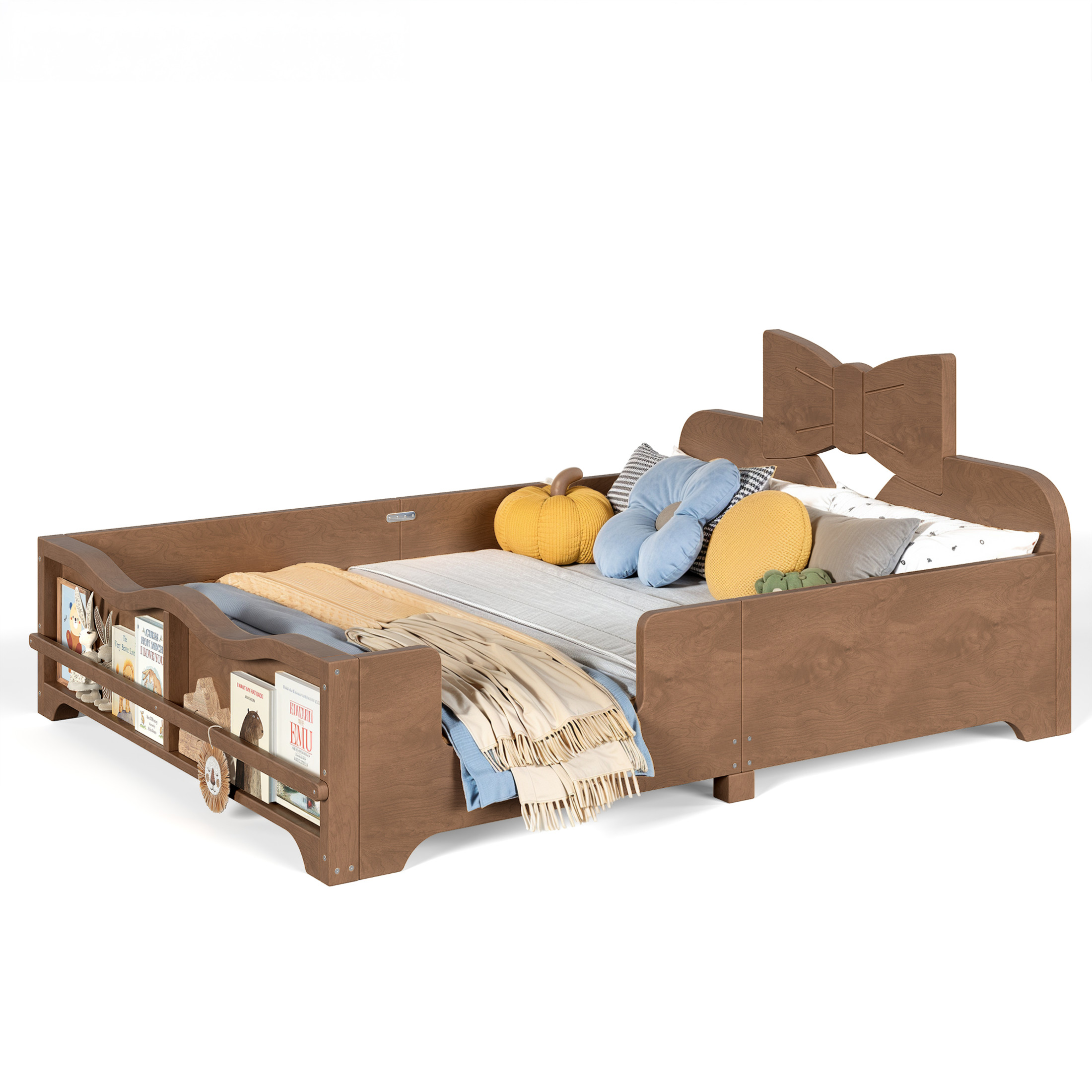 GDF Studio Full Size Kids Platform Bed with Bowknot Headboard, Guardrails & Bookshelf, Brown