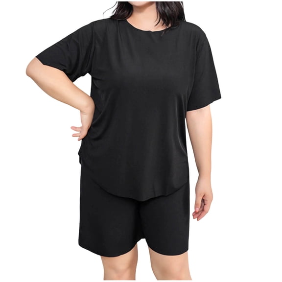 Aezemi Women Plus Size Sleep Set 2 Piece Fashion Short Sleeve Tops Shorts Summer Spring Home Comfy Casual Pajama Sets for Women 5XL