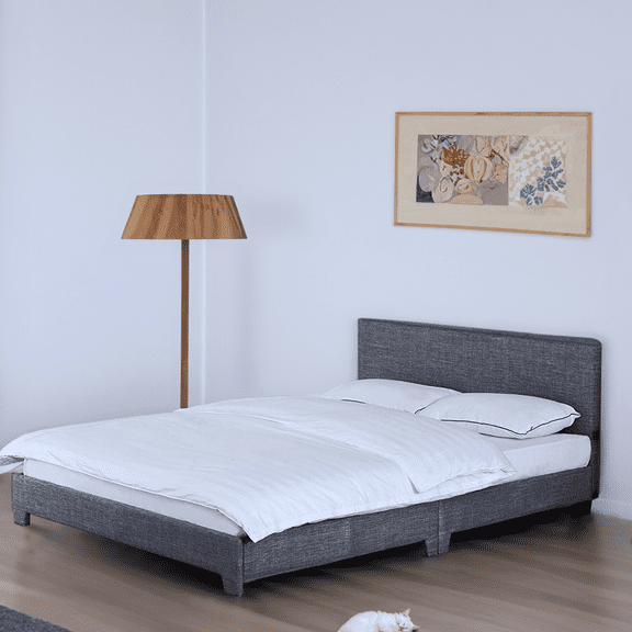 Full Bed Frame with Headboard | Upholstered Platform Bed Frame , Sturdy Wooden Slats & Metal Frame