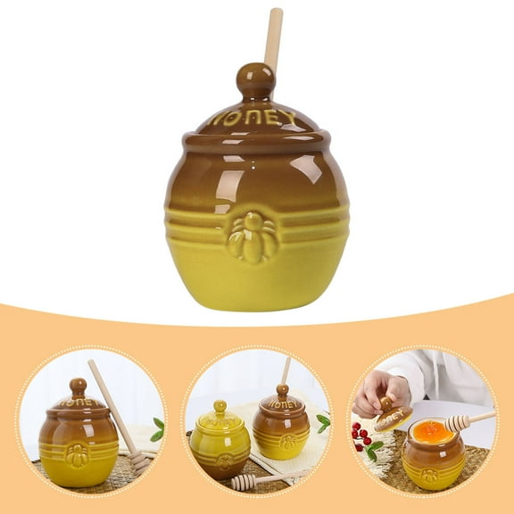 FRCOLOR Retro Honey Pot with Dipper for Home Use Ceramic and Wood Multi .5 Inches Tall