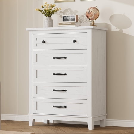 Juiluna 5 Dresser for Bedroom 41.3 in Tall Vertical Drawer Dresser with Large Storage Freestanding Wooden Closet Chest for Bedroom Living Room White