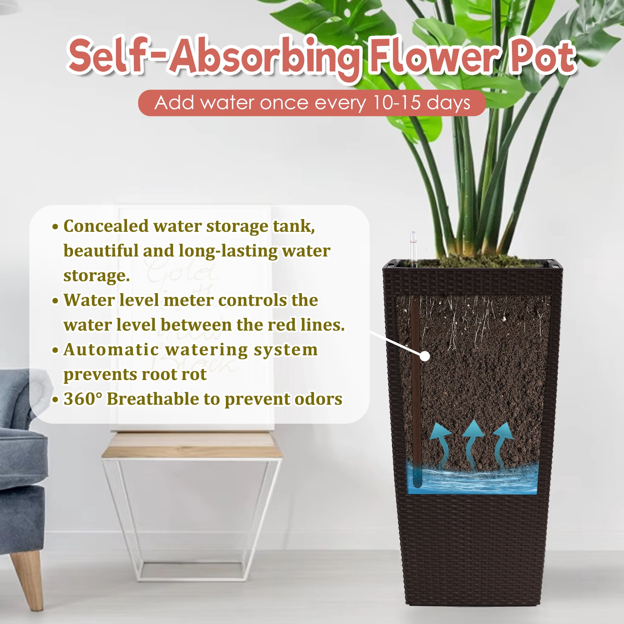 30 in Tall Large Flower Pots Planter with Self-Watering Drainage Holes&Inner Trays Indoor Outdoor Plant Pot with Drain Holes, Water Level Monitor,Garden, Patio, Porch, Backyard,Brown